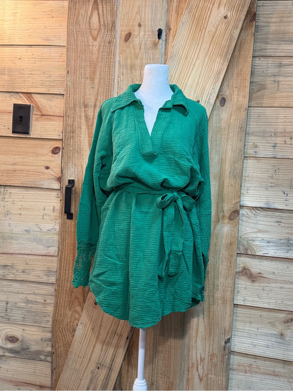 Impressions Green Shirt Dress with Sculpted Cuffs and Tie Belt